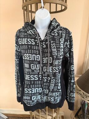 GUESS Vintage Y2K Black & Grey All-Over Logo Full Zip Hooded Fleece Sweatshirt
